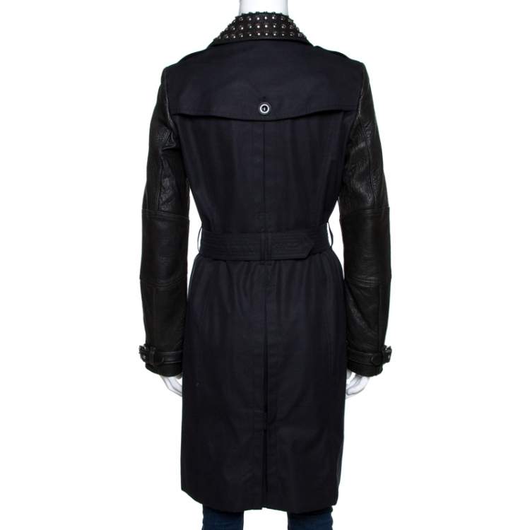 Pre Owned Burberry Brit Black Leather Trim Studded Trench Coat S
