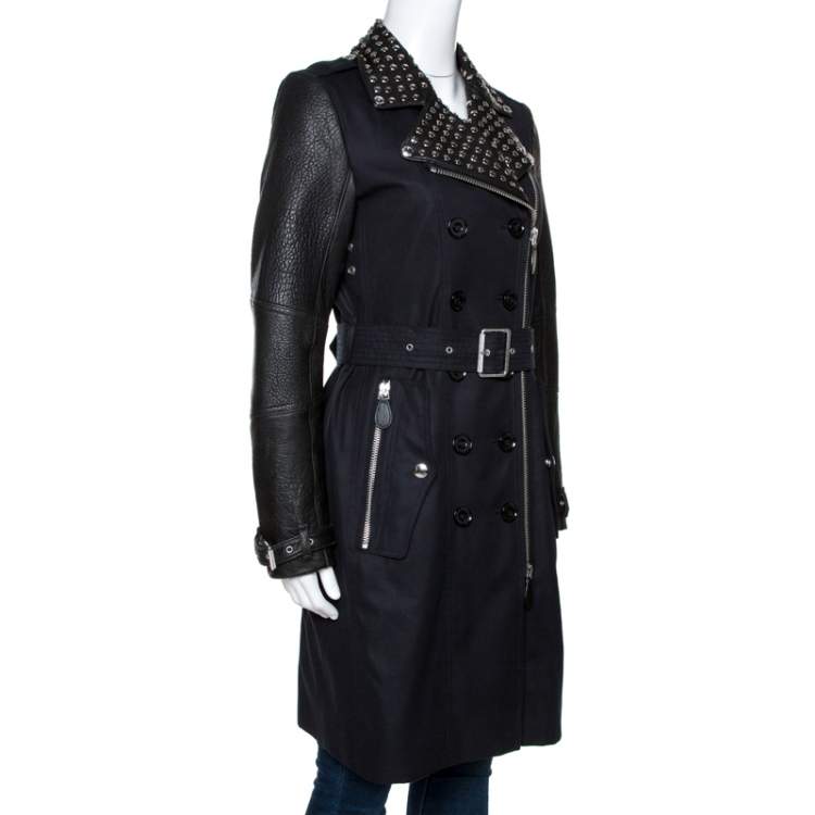 Leather Trim Studded Trench Coat, Burberry Long Leather Trench Coat Womens