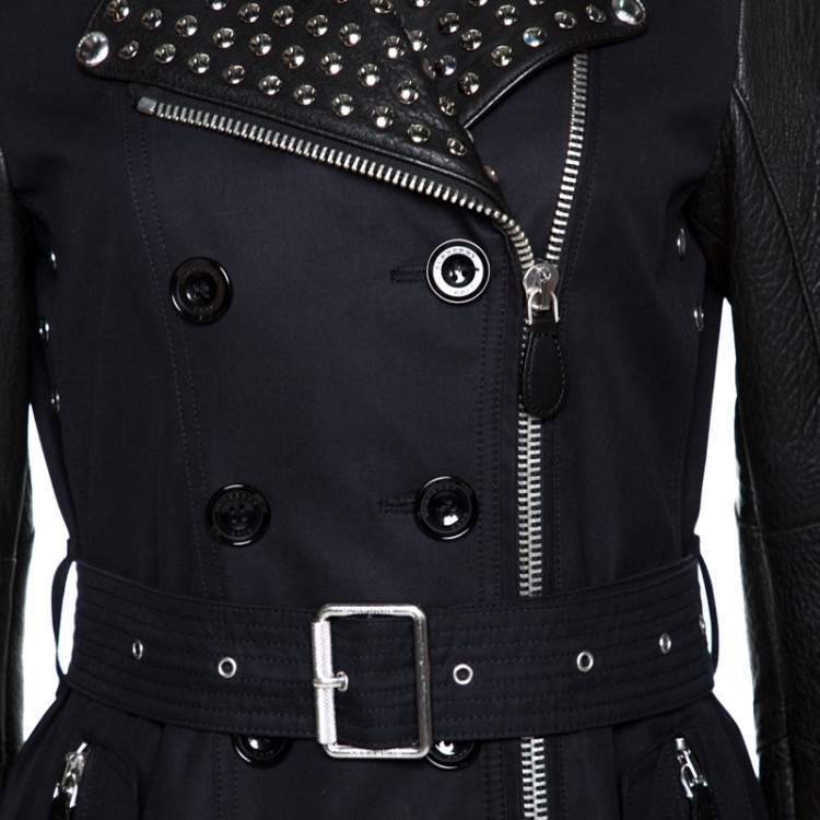 Pre Owned Burberry Brit Black Leather Trim Studded Trench Coat S