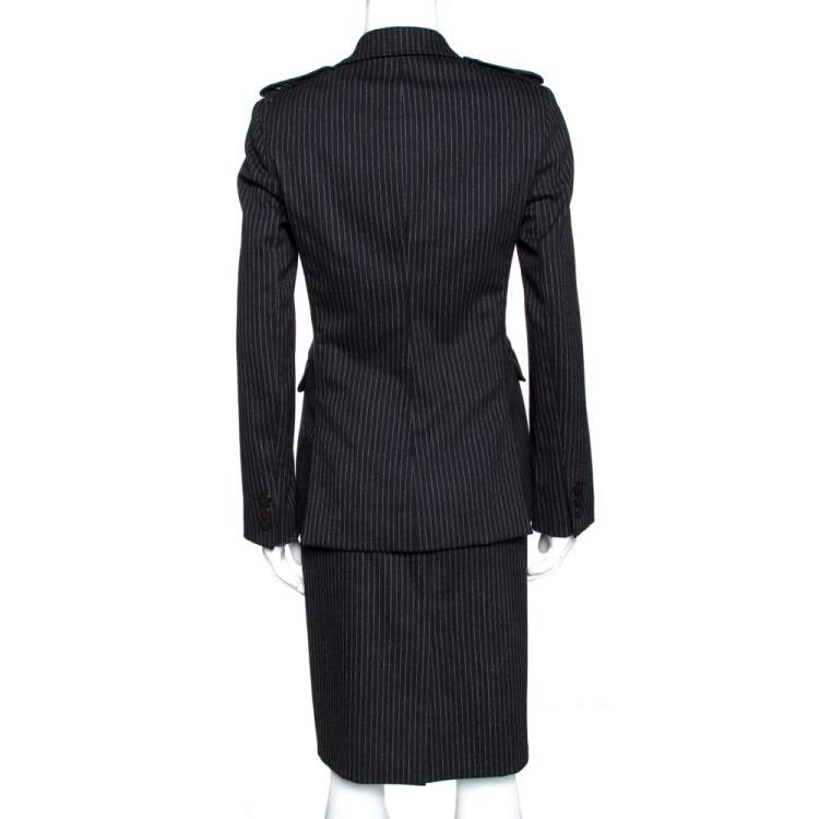 Pre Owned Burberry Black Pinstripe Wool Tailored Skirt Suit S