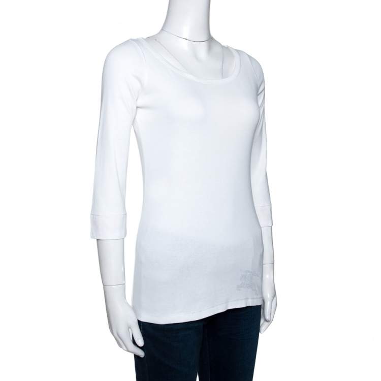 Pre Owned Burberry Brit White Logo Print Cotton Check Trim Top S
