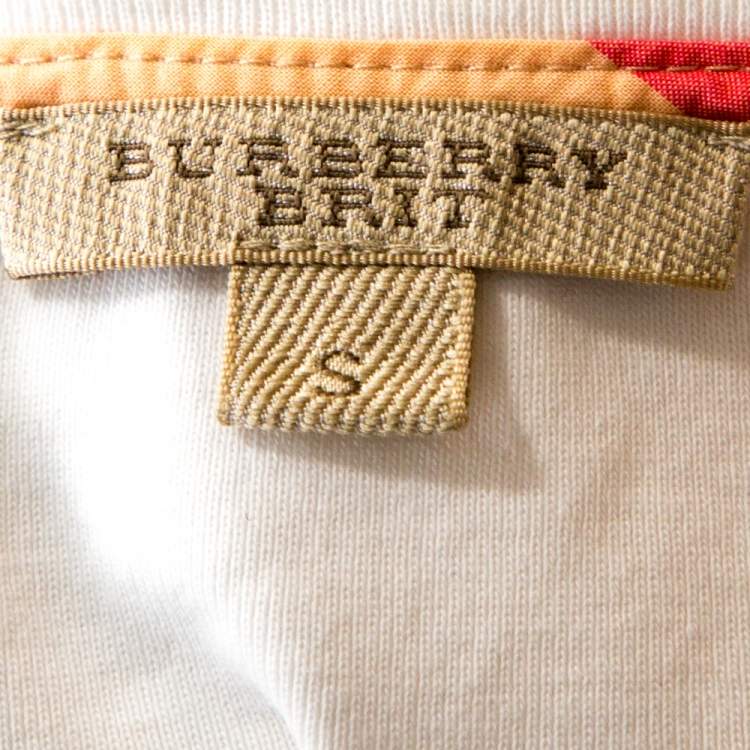 Pre Owned Burberry Brit White Logo Print Cotton Check Trim Top S