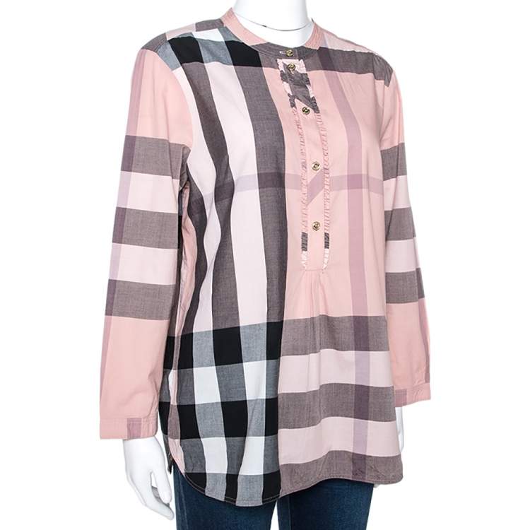 Pre Owned Burberry Pale Pink House Check Print Cotton Half Placket Shirt L