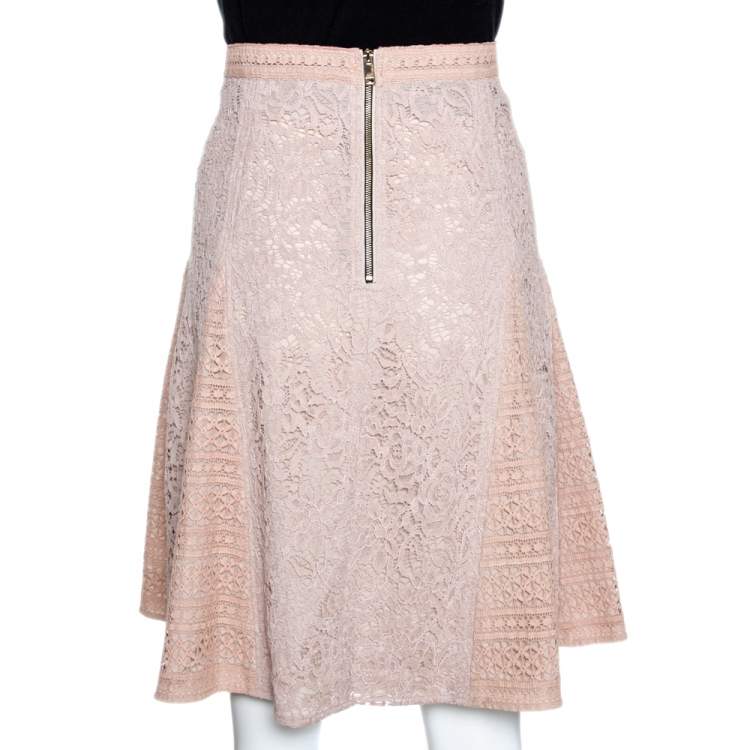 Pre Owned Burberry Pale Pink Corded Lace Paneled A Line Skirt M