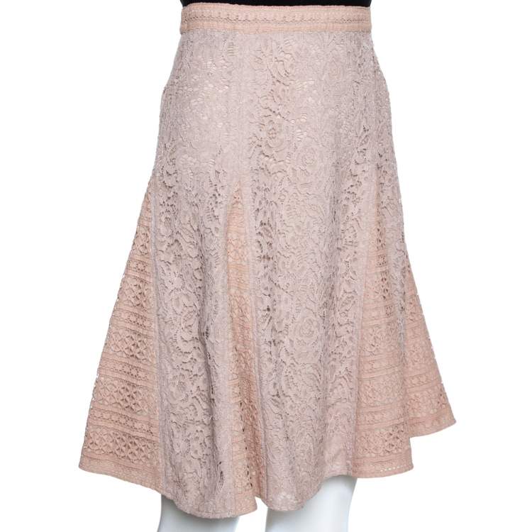 Pre Owned Burberry Pale Pink Corded Lace Paneled A Line Skirt M