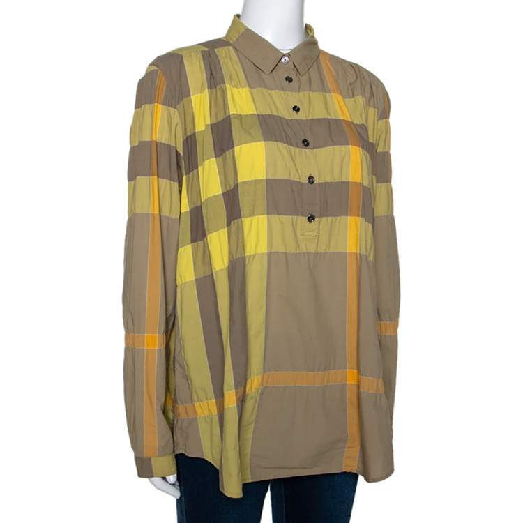 Pre Owned Burberry Brit Yellow Exploded Check Cotton Half Placket Shirt L
