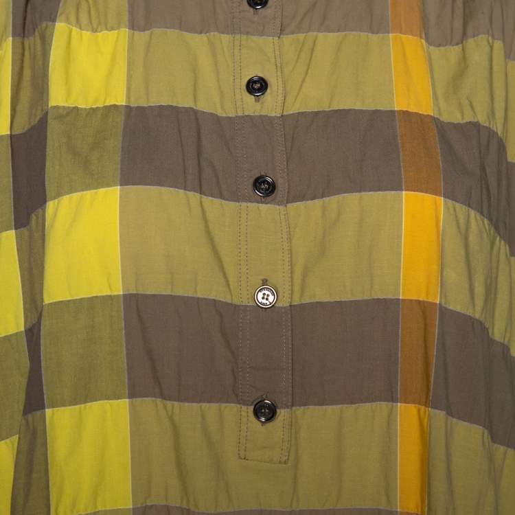 Pre Owned Burberry Brit Yellow Exploded Check Cotton Half Placket Shirt L