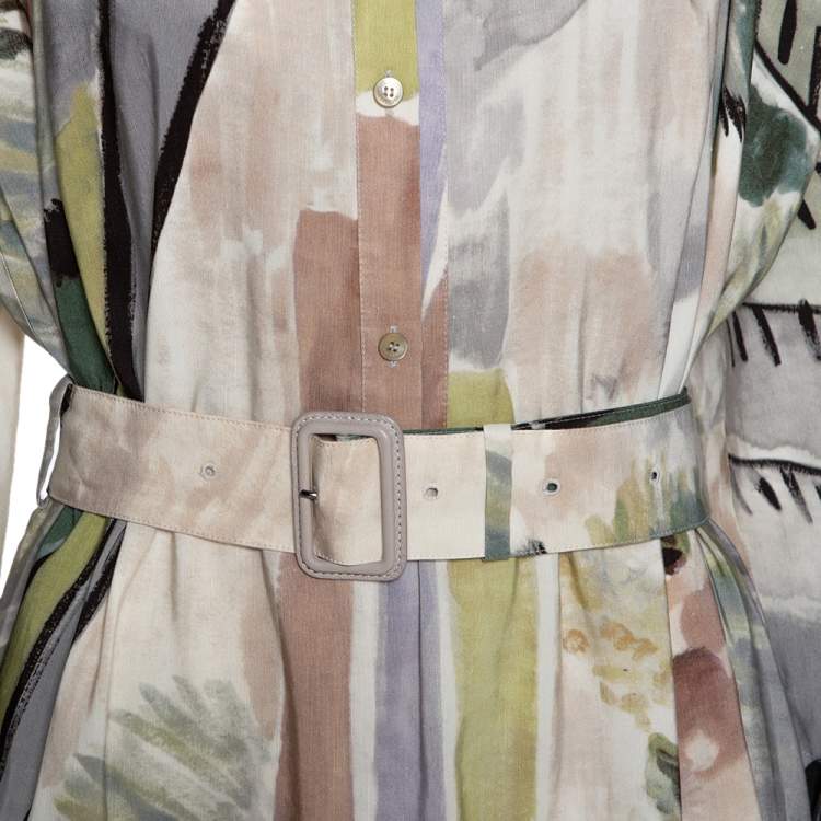 Pre Owned Burberry Prorsum Linen & Silk Blend Abstract Print Belted Midi Dress M