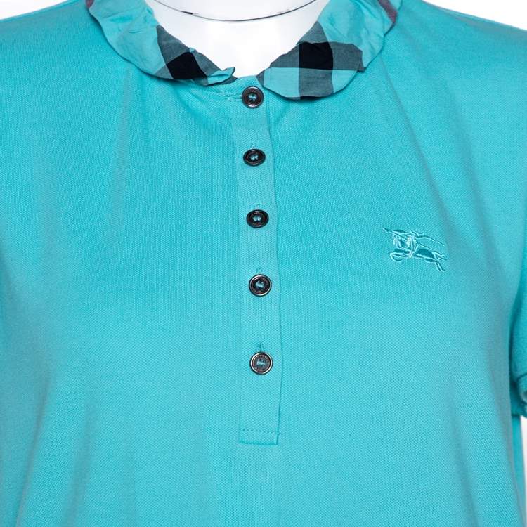Pre Owned Burberry Brit Teal Blue Cotton Pique Ruffle Collar Polo T Shirt XL