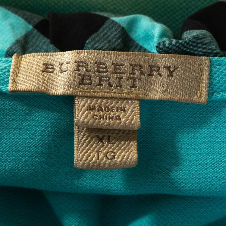 Pre Owned Burberry Brit Teal Blue Cotton Pique Ruffle Collar Polo T Shirt XL