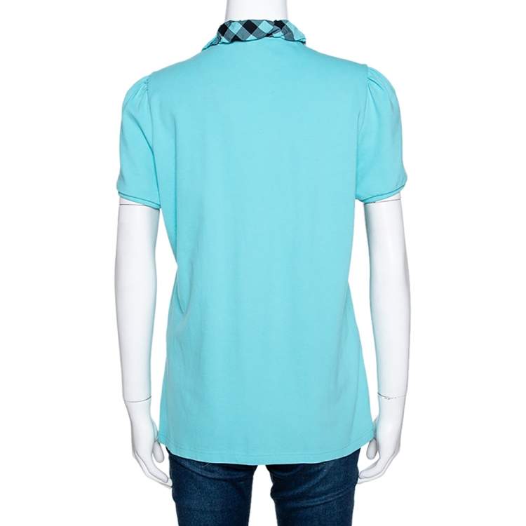 Pre Owned Burberry Brit Teal Blue Cotton Pique Ruffle Collar Polo T Shirt XL