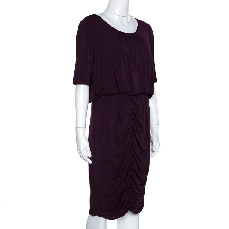 Pre Owned Burberry Purple Jersey Ruched Short Sleeve Midi Dress XL