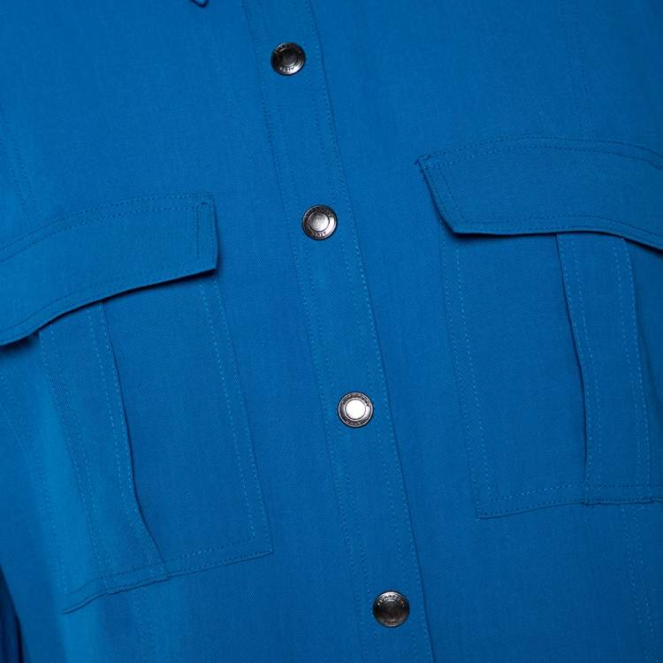 Pre Owned Burberry Azure Blue Crepe Button Front Safari Shirt L