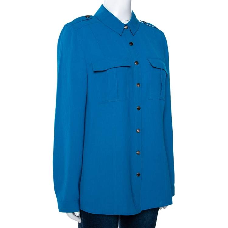 Pre Owned Burberry Azure Blue Crepe Button Front Safari Shirt L