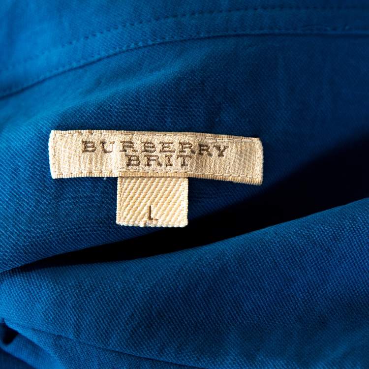 Pre Owned Burberry Azure Blue Crepe Button Front Safari Shirt L