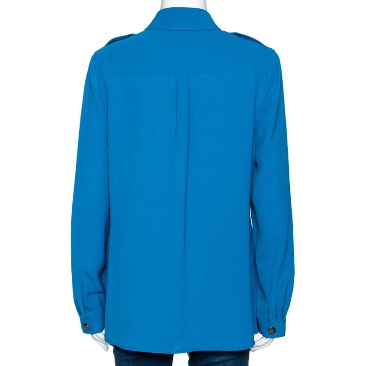 Pre Owned Burberry Azure Blue Crepe Button Front Safari Shirt L