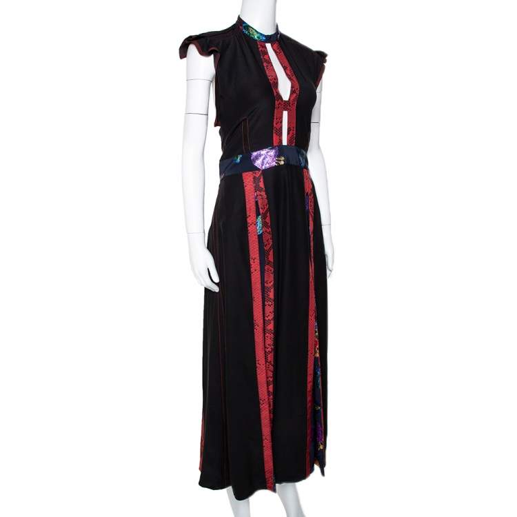 Burberry Black Silk Paneled Open Back Midi Dress M Burberry