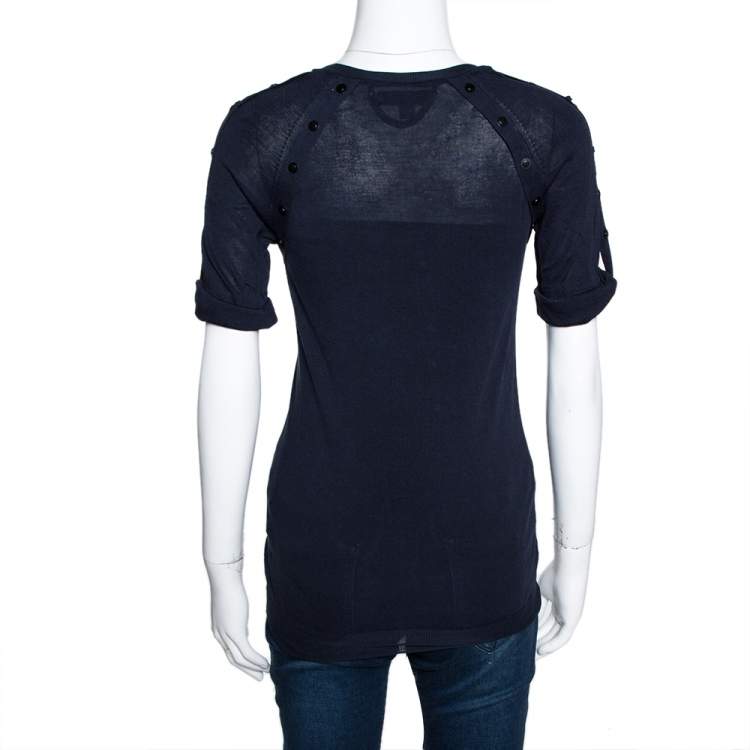 Pre Owned Burberry Prorsum Navy Blue Silk & Cotton Knit Studded Top S