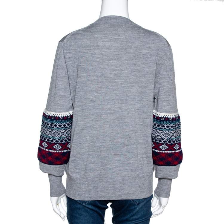 Pre Owned Burberry Grey Melange Wool Fair Isle Panelled Sweater M