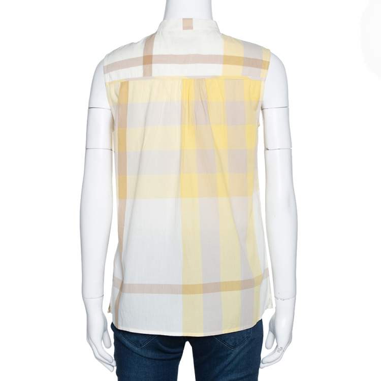 Pre Owned Burberry Brit Yellow Check Cotton Neck Tie Detail Sleeveless Blouse S
