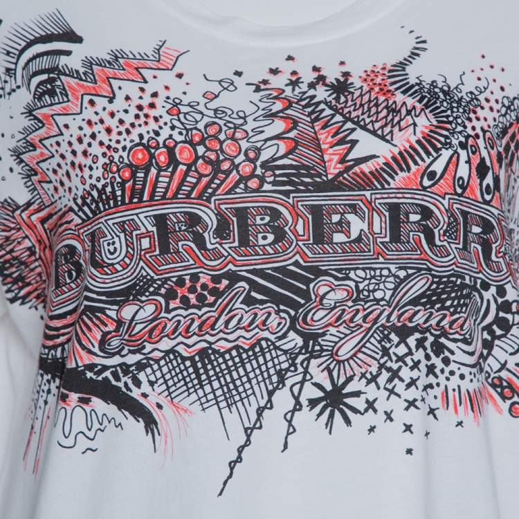 Pre Owned Burberry White Doodle Print Cotton Short Sleeve T-Shirt M