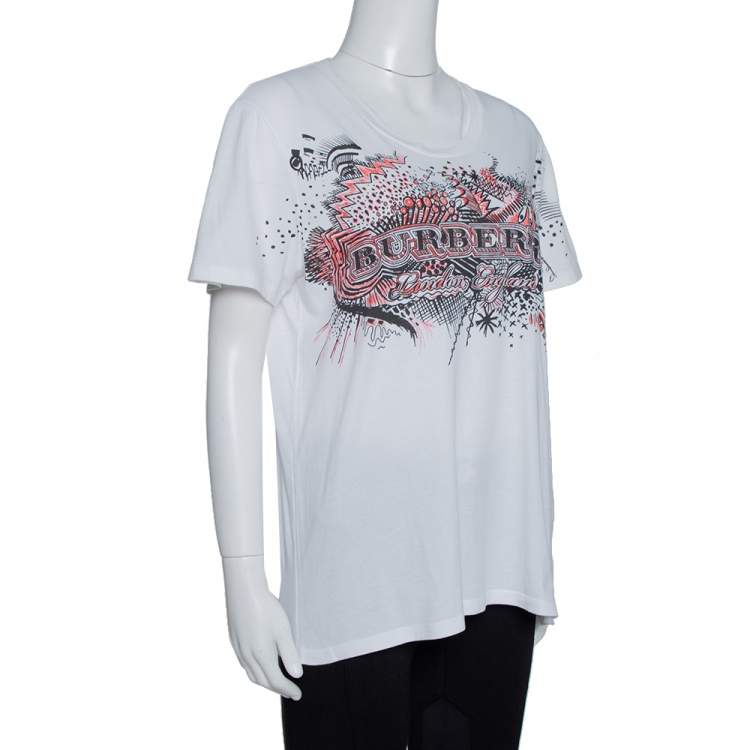 Pre Owned Burberry White Doodle Print Cotton Short Sleeve T-Shirt M