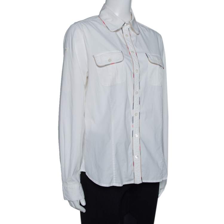Pre Owned Burberry Off White Stretch Cotton Nova Check Trim Shirt XL