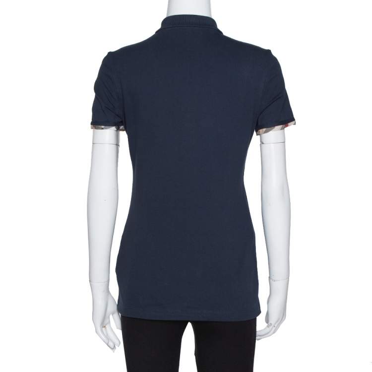 Pre Owned Burberry Brit Navy Blue Cotton Nova Check Trim Polo T-Shirt S