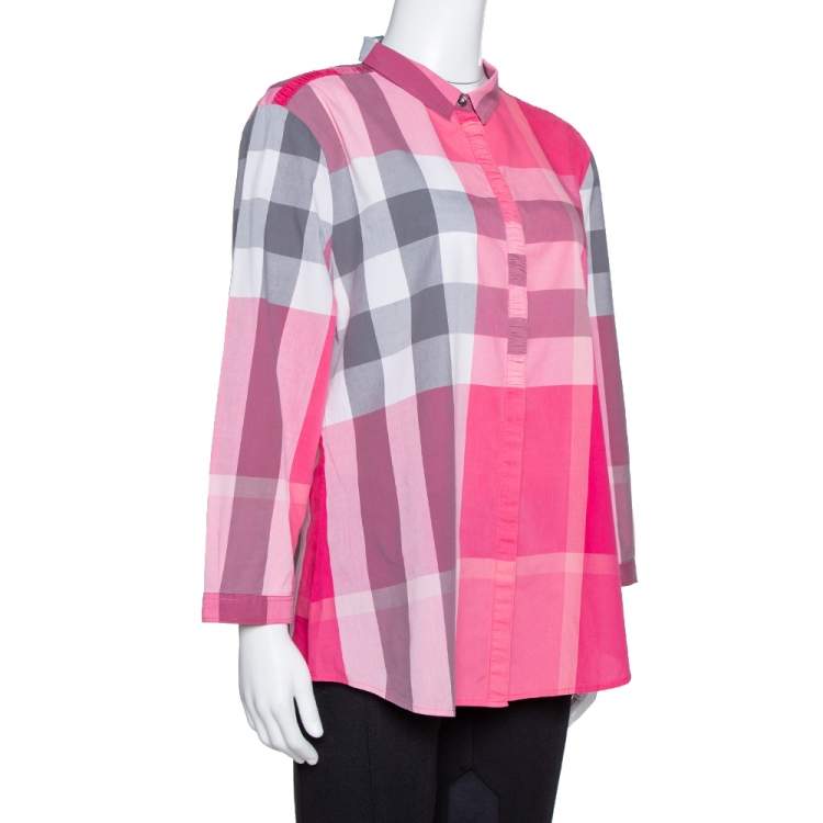 مملوكة مسبقًا Burberry Brit Pink Cotton Classic Check Ruched Detail Shirt XL 