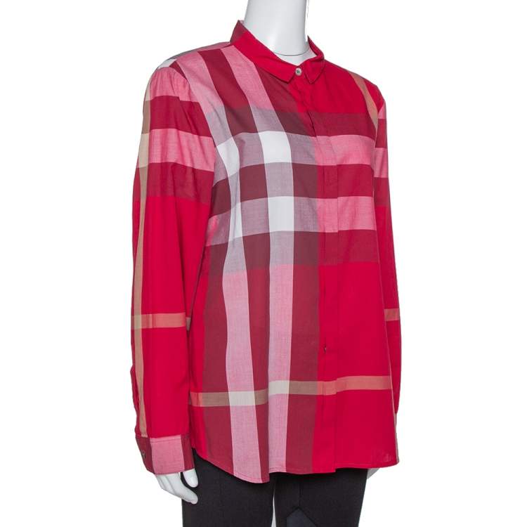 مملوكة مسبقًا Burberry Red Cotton Nova Check Button Front Shirt XL