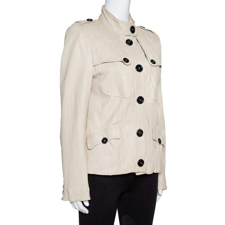 Pre Owned Burberry Beige Leather Button Front Jacket M