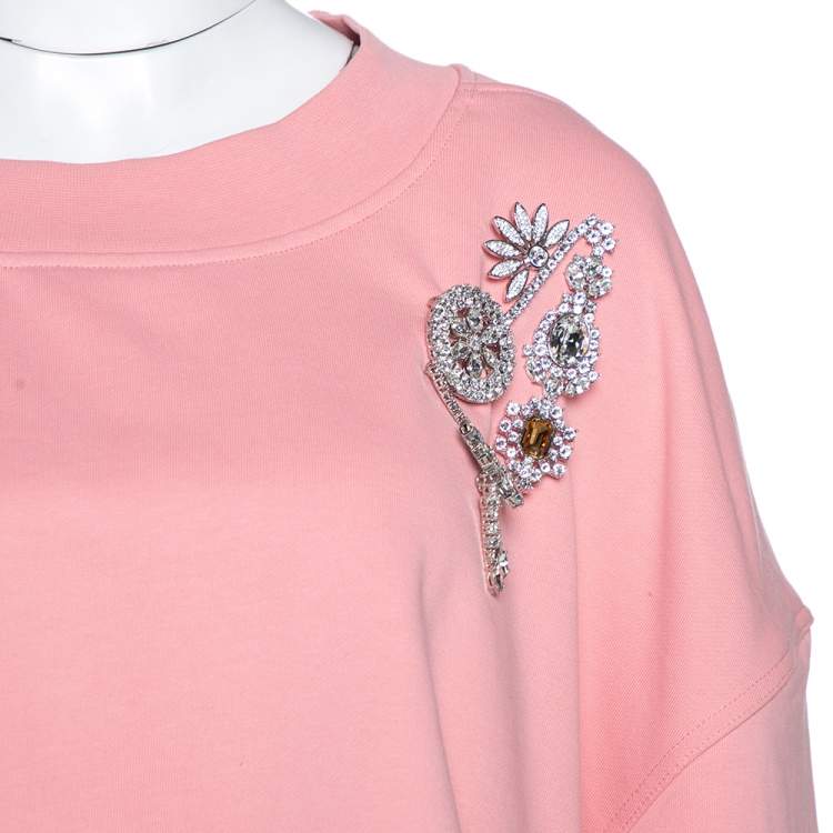 مملوكة مسبقًا Burberry Rose Pink Terry Cotton Crystal Brooch Detail Cropped Sweatshirt L