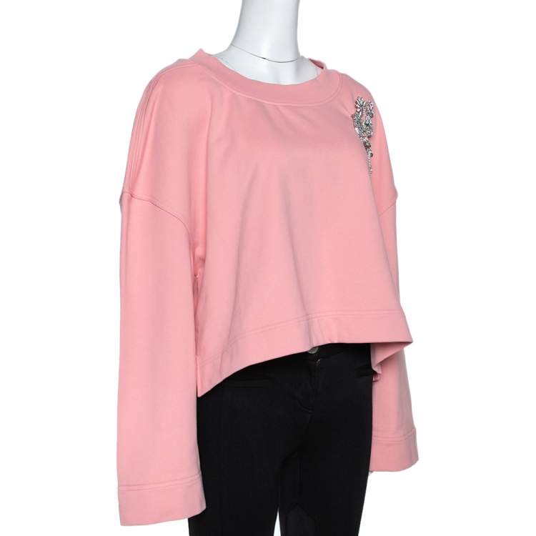 مملوكة مسبقًا Burberry Rose Pink Terry Cotton Crystal Brooch Detail Cropped Sweatshirt L