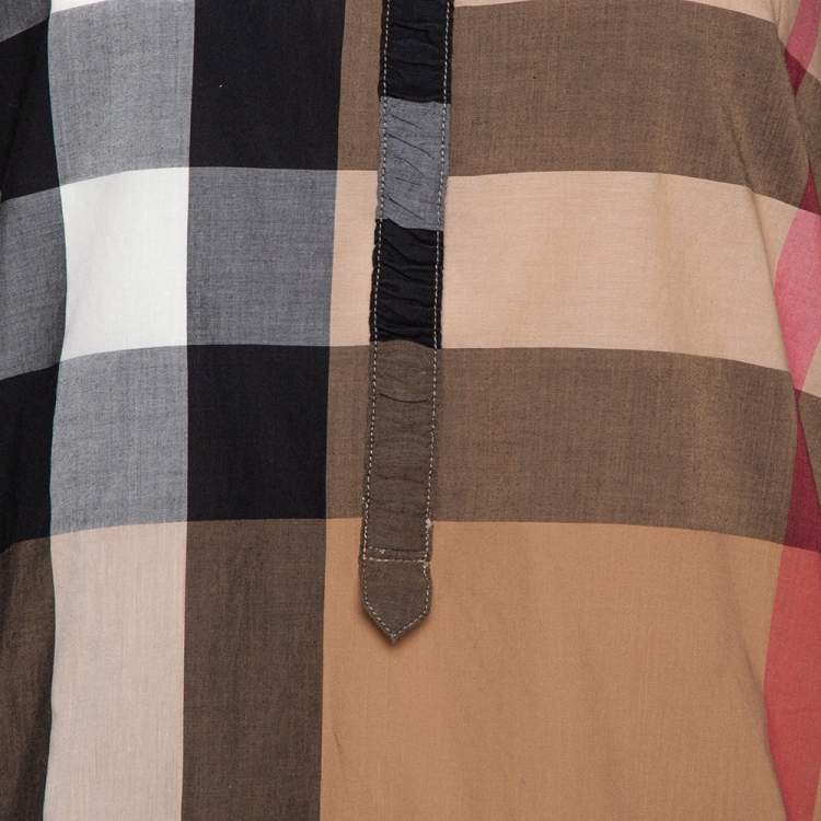 Pre Owned Burberry Brit Camel Exploded Check Cotton Half Placket Shirt S