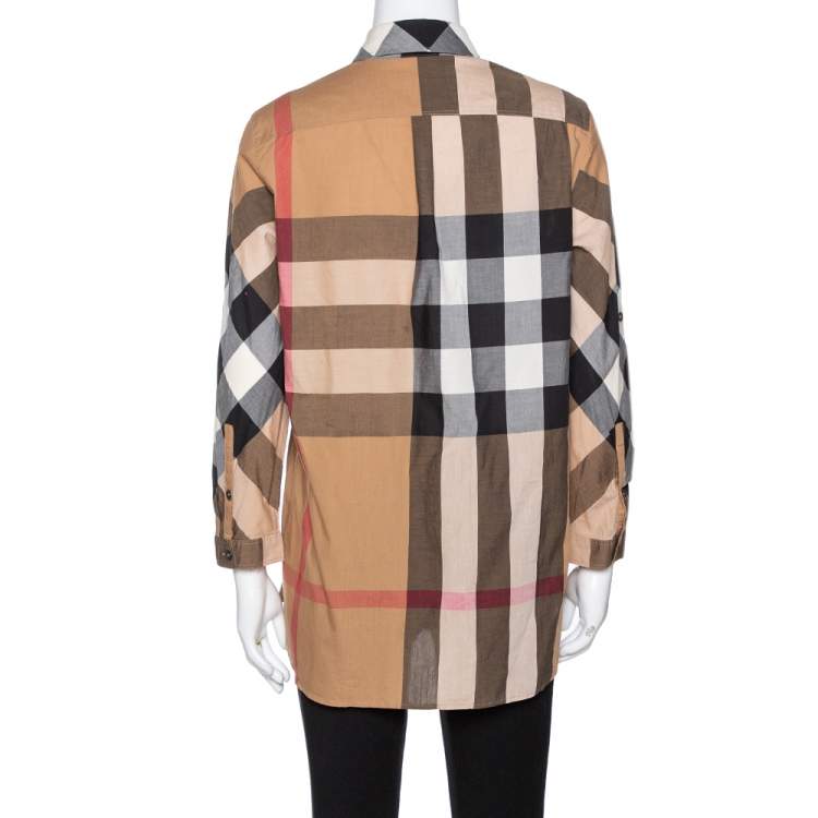 Pre Owned Burberry Brit Camel Exploded Check Cotton Half Placket Shirt S