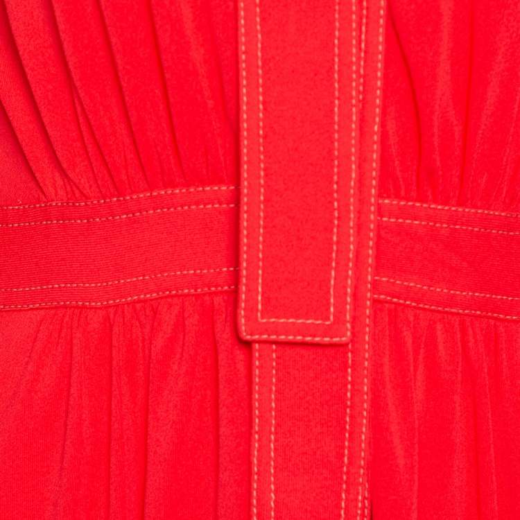 Pre Owned Burberry Red Jersey Top Stitch Detail Tie Neck Dress XS