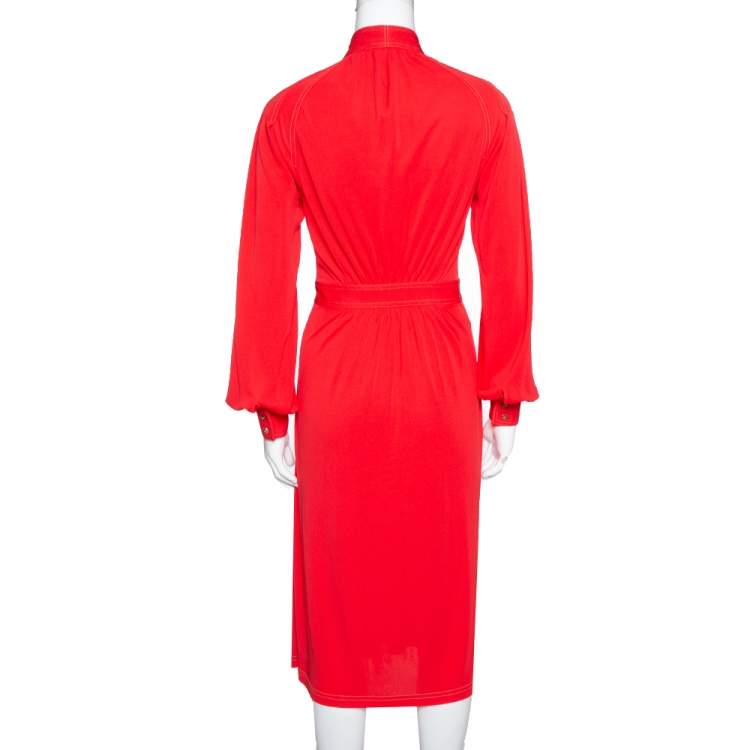 Pre Owned Burberry Red Jersey Top Stitch Detail Tie Neck Dress XS
