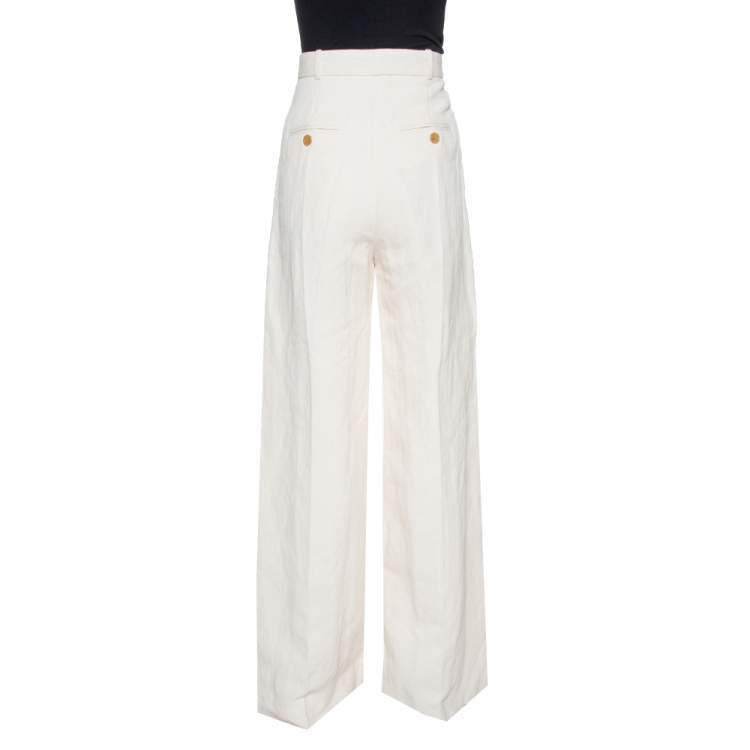 Pre Owned Burberry Cream Linen Canvas Wide Leg Stonewood Trousers M
