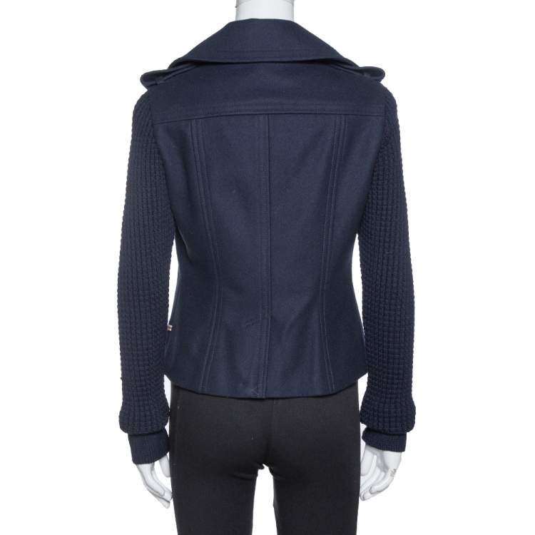 Pre Owned Burberry Navy Blue Wool Blend Knitted Sleeve Pea Coat S