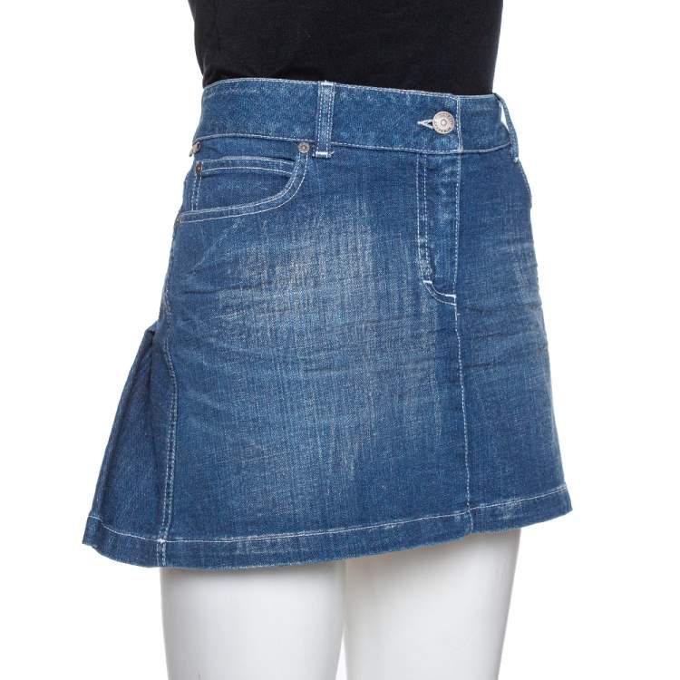 Pre Owned Burberry Blue Denim Pleated Mini Skirt S