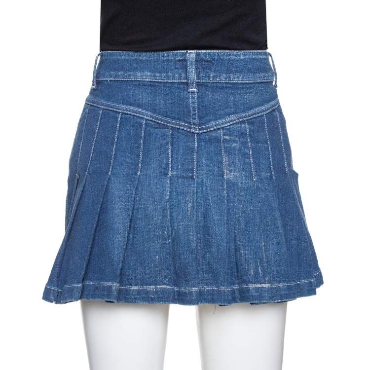 Pre Owned Burberry Blue Denim Pleated Mini Skirt S