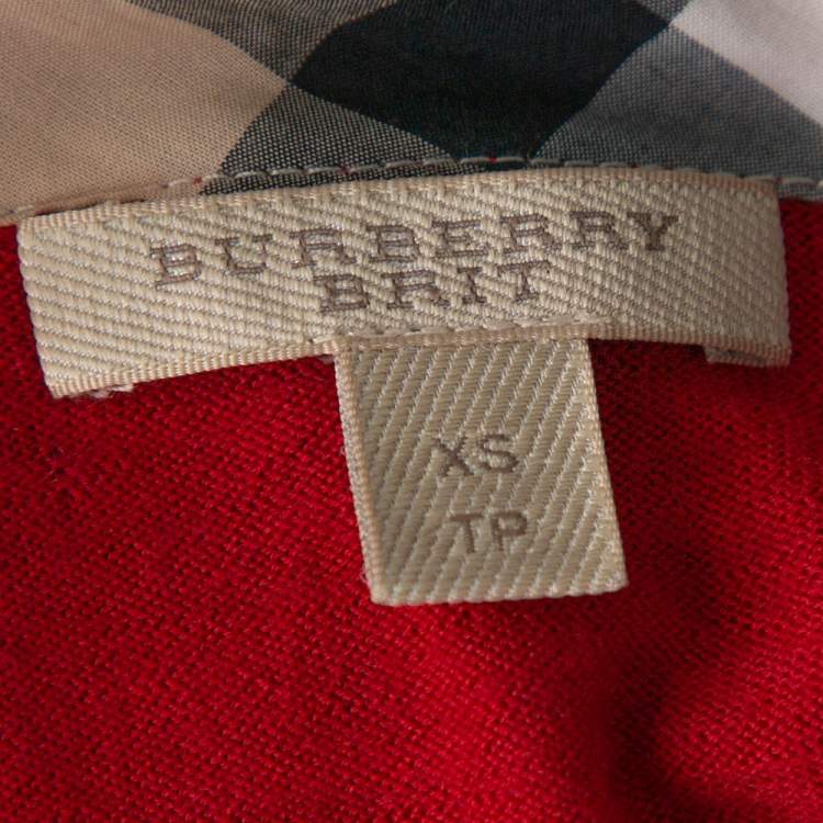 Pre Owned Burberry Brit Red Wool Knit Nova Check Trim Sweater XS