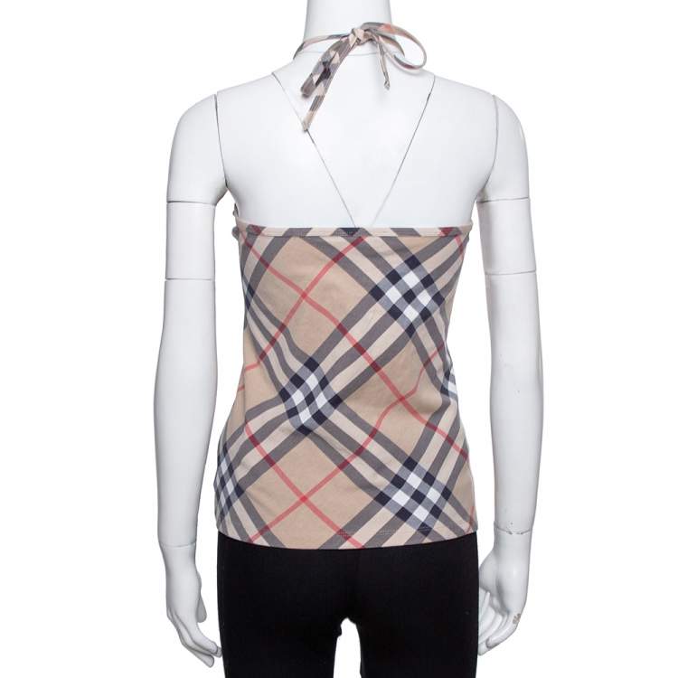 Pre Owned Burberry Beige Nova Check Stretch Cotton Halter Neck Top XL