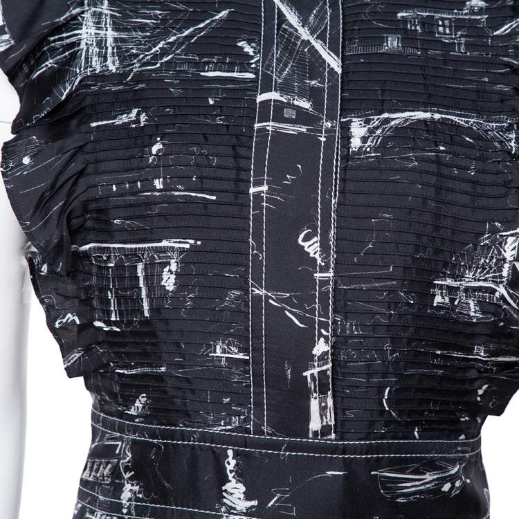 Pre Owned Burberry Black Landmark Print Silk Ruffle Detail Parker Dress L