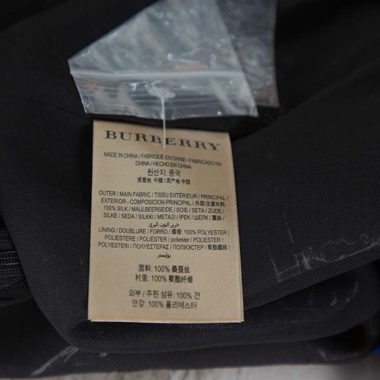 Pre Owned Burberry Black Landmark Print Silk Ruffle Detail Parker Dress L