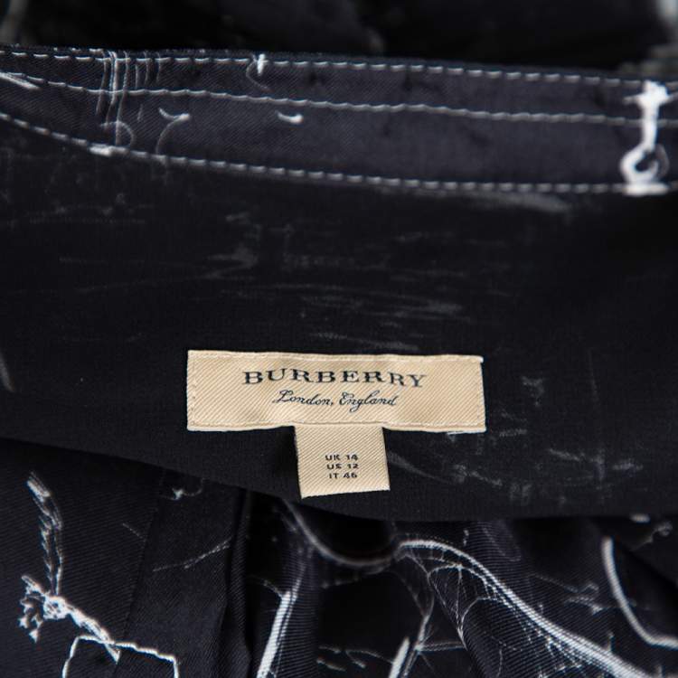 Pre Owned Burberry Black Landmark Print Silk Ruffle Detail Parker Dress L