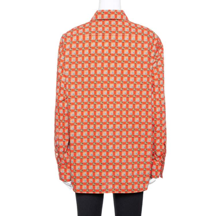 Pre Owned Burberry Red Tiled Archive Print Cotton Long Sleeve Shirt L
