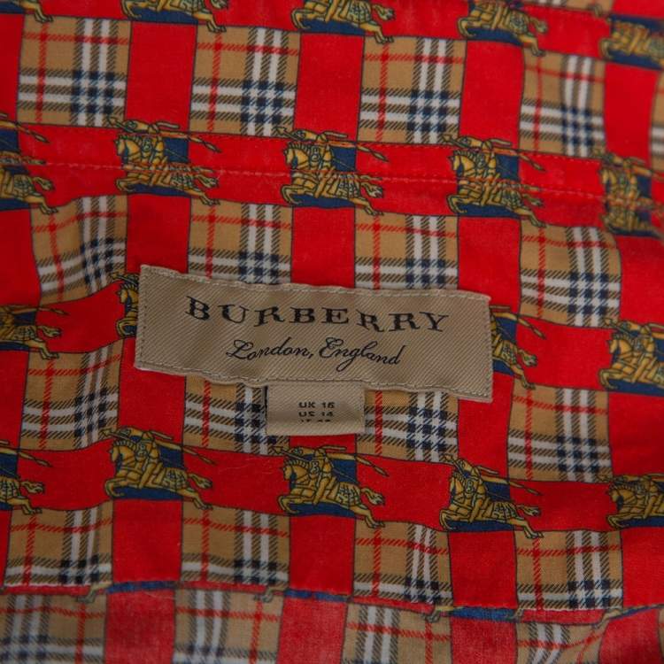 Pre Owned Burberry Red Tiled Archive Print Cotton Long Sleeve Shirt L