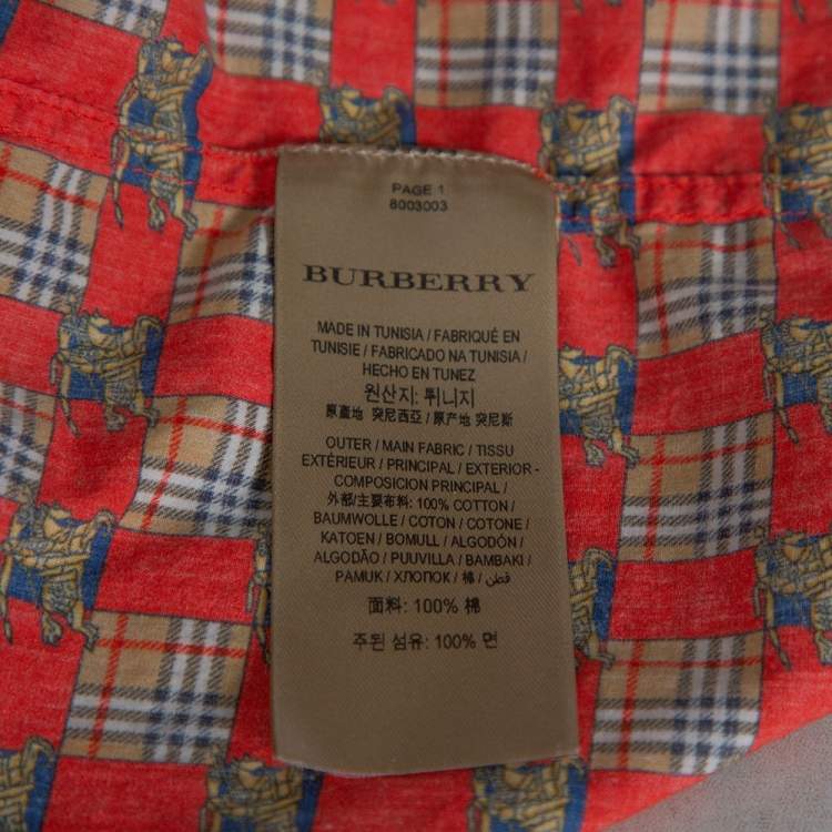 Pre Owned Burberry Red Tiled Archive Print Cotton Long Sleeve Shirt L