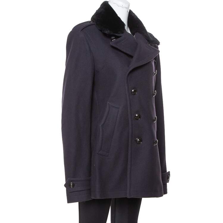 Pre Owned Burberry Navy Blue Wool Shearling Collar Double Breasted Coat XL